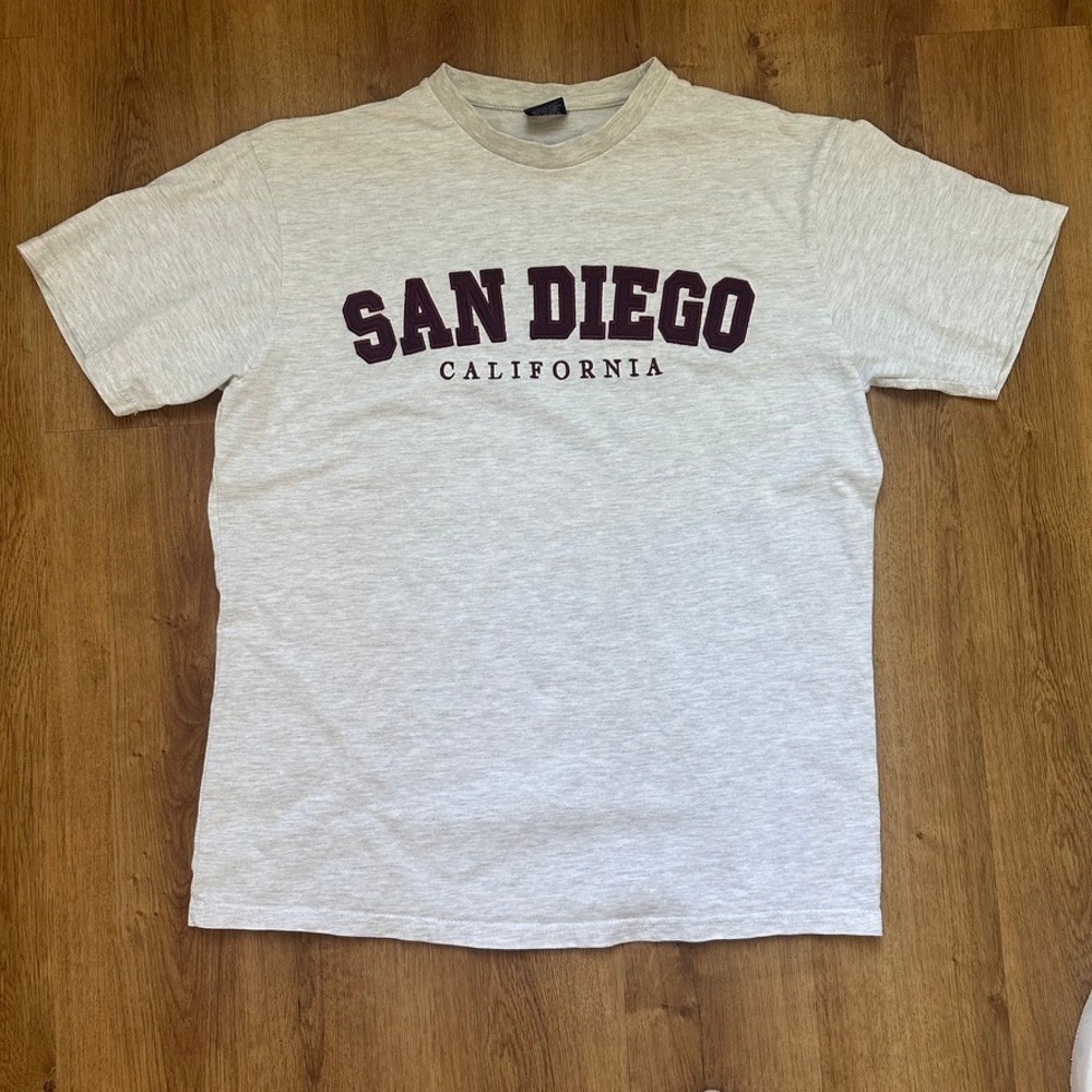 Embroidered Light Heather Gray and Burgandy San Dieogo California T-Shirt Unisex